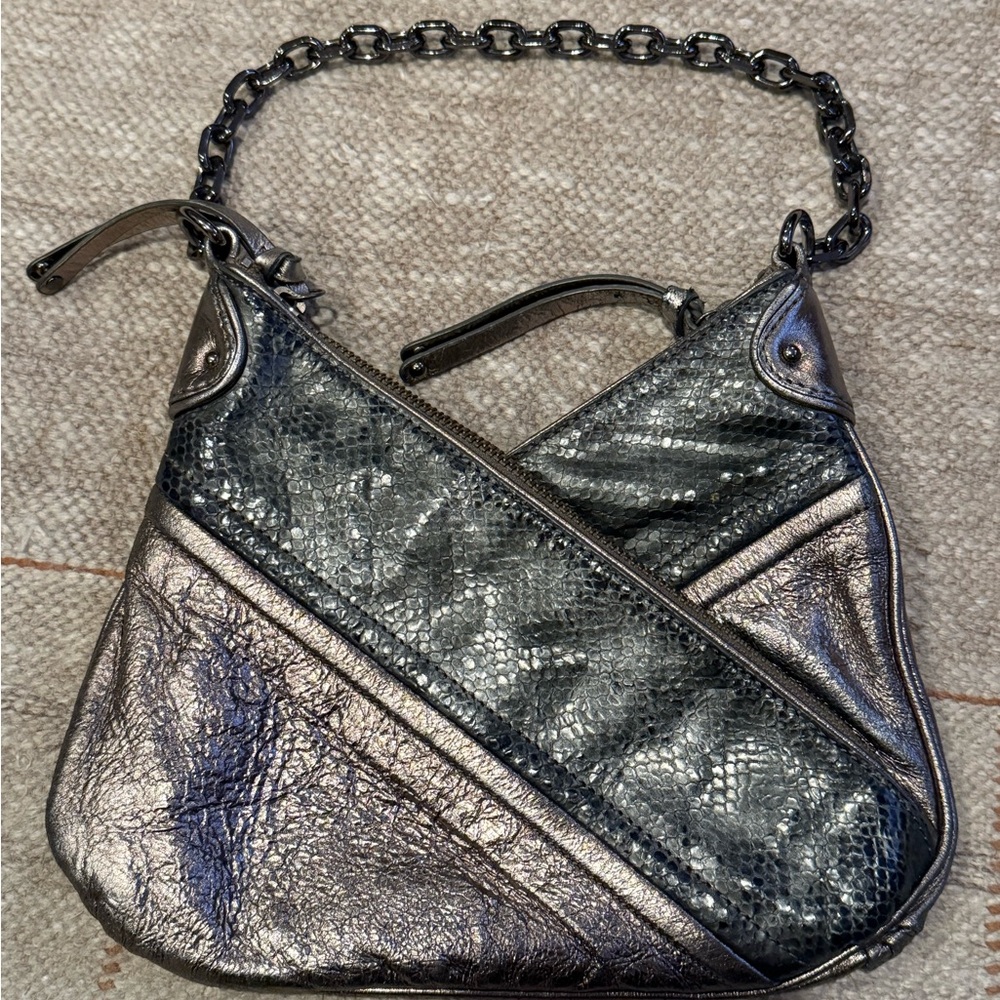 Botkier’s Satchel Handbag /Metallic & Snakeskin w/shiny gunmetal chain handle